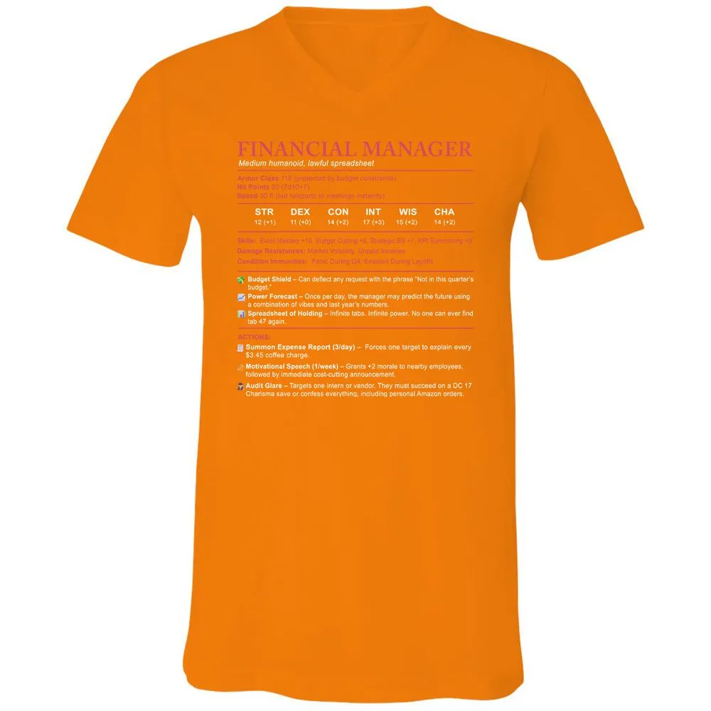 Financial Manager Stats Unisex V-Neck T-Shirt - Orange - 11