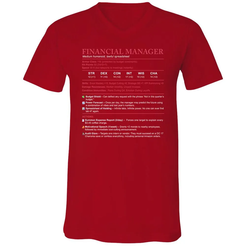 Financial Manager Stats Unisex V-Neck T-Shirt - Red - 3