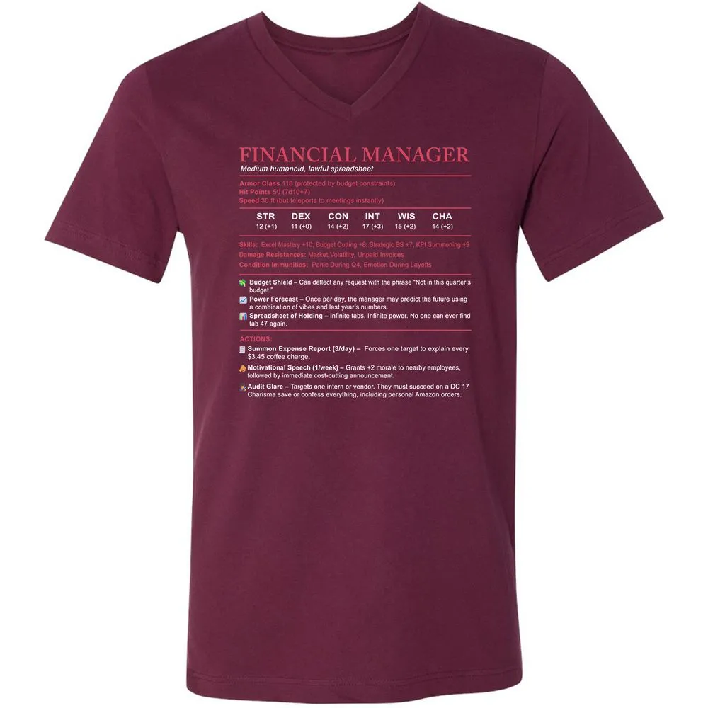 Financial Manager Stats Unisex V-Neck T-Shirt - Maroon - 6