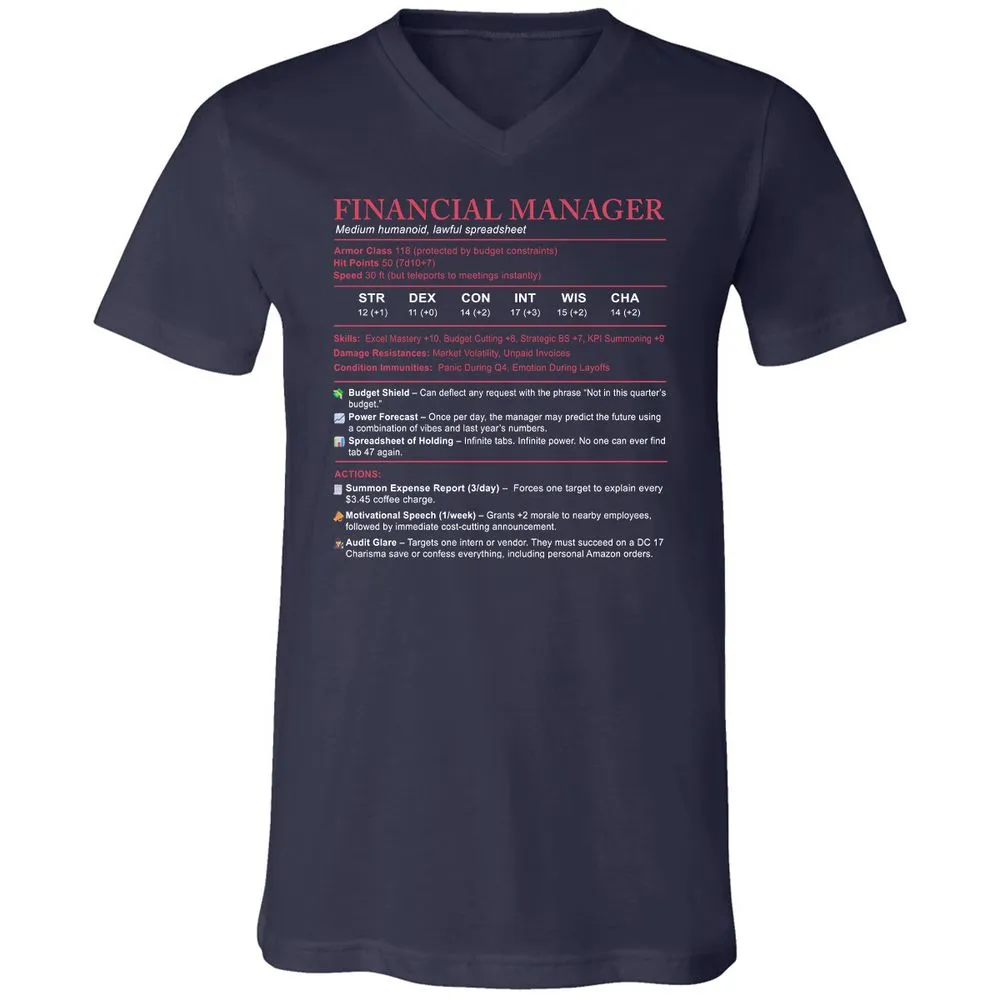 Financial Manager Stats Unisex V-Neck T-Shirt - Navy - 2