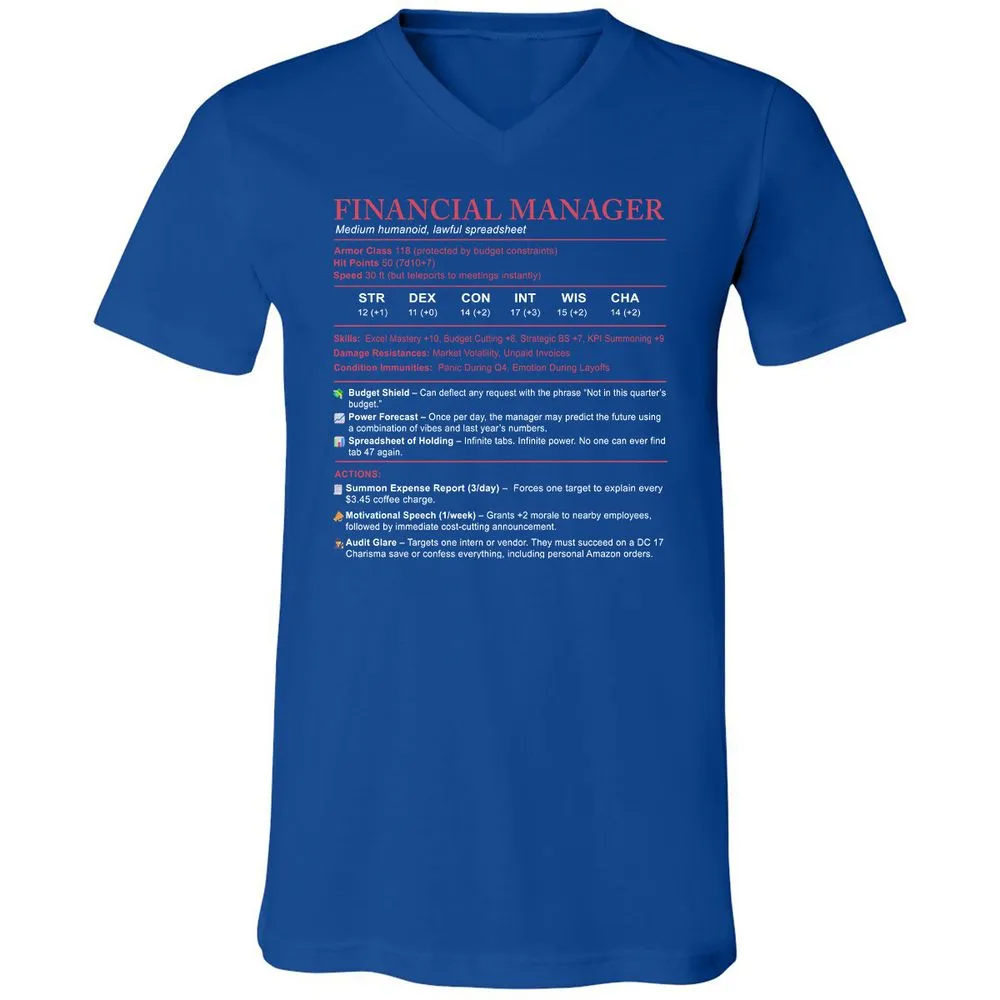 Financial Manager Stats Unisex V-Neck T-Shirt - True Royal - 4