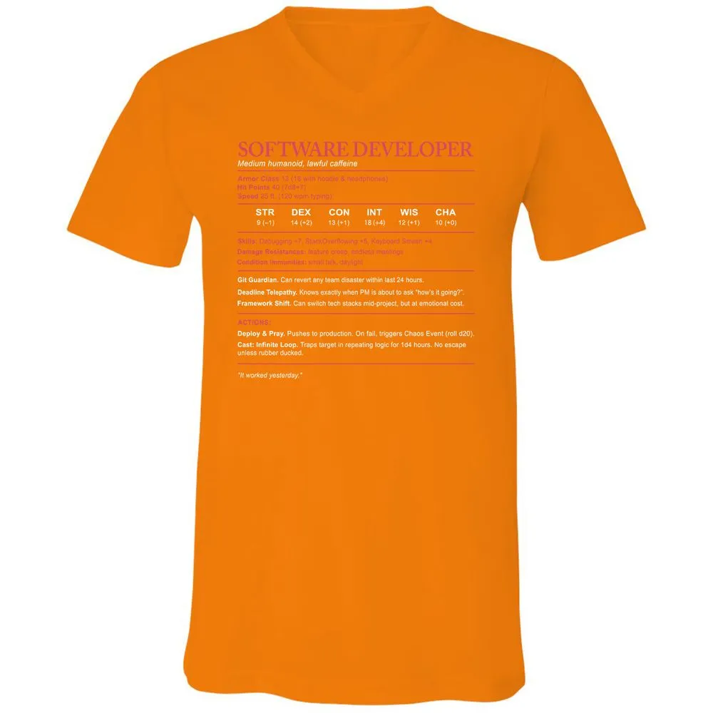 Software Developer Stats Unisex V-Neck T-Shirt - Orange - 11