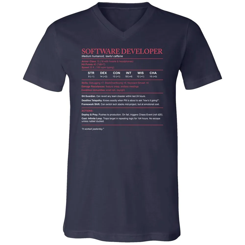 Software Developer Stats Unisex V-Neck T-Shirt - Navy - 2