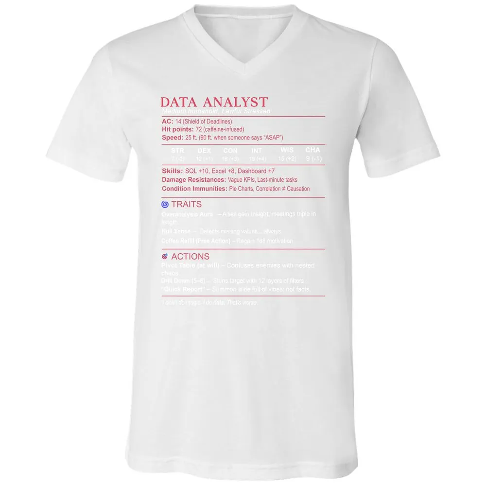 Data Analyst Stats Unisex V-Neck T-Shirt - White - 5