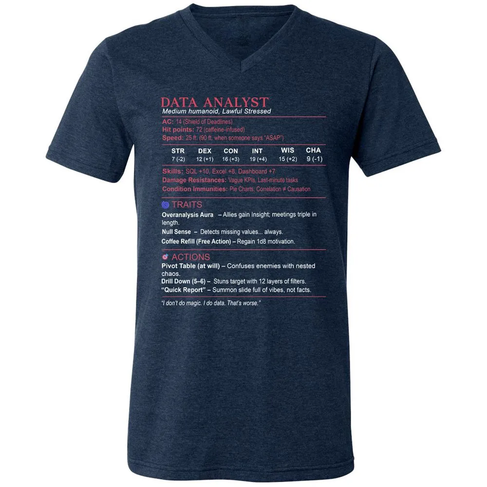 Data Analyst Stats Unisex V-Neck T-Shirt - Heather Navy - 15