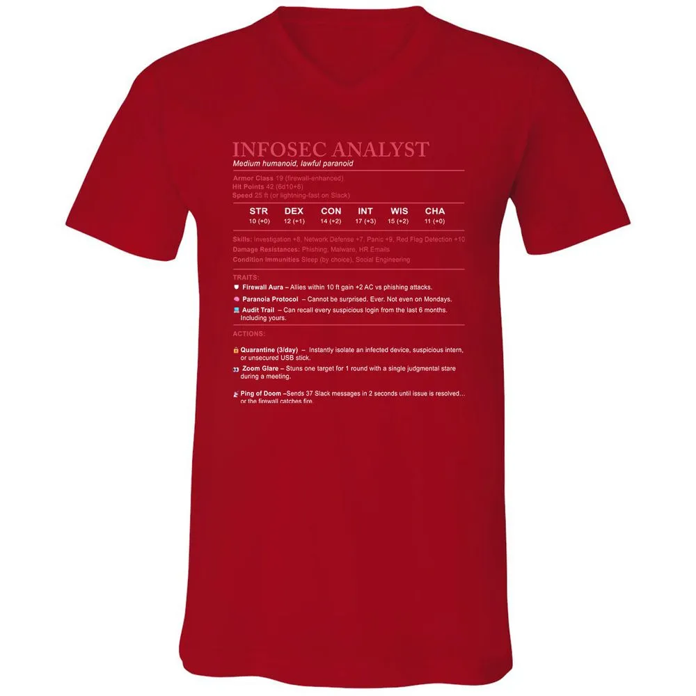 Information Security Analyst Stats Unisex V-Neck T-Shirt - Red - 3