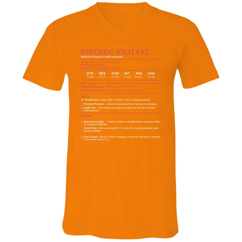 Information Security Analyst Stats Unisex V-Neck T-Shirt - Orange - 11