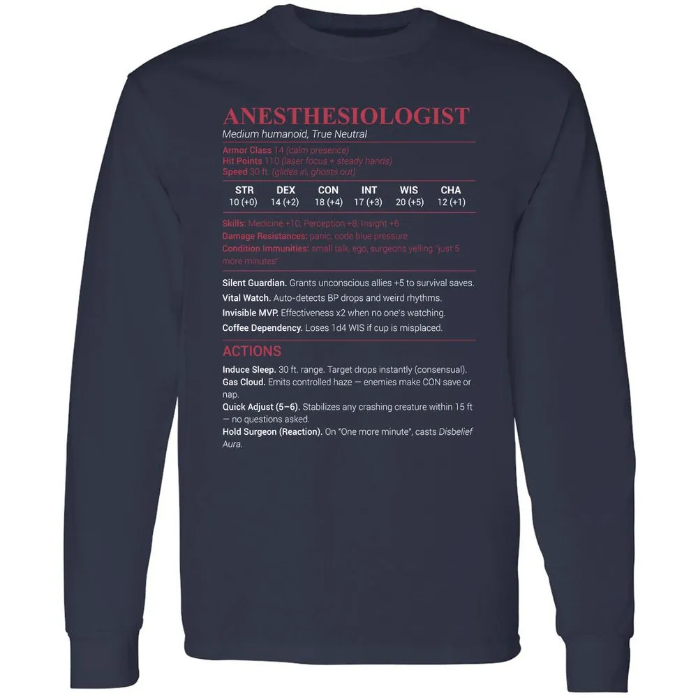 Anesthesiologist Stats Long Sleeve T-Shirt - Navy - 2