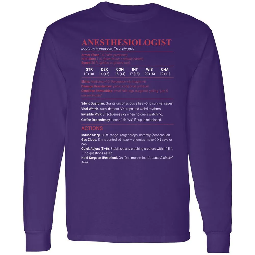 Anesthesiologist Stats Long Sleeve T-Shirt - Purple - 13