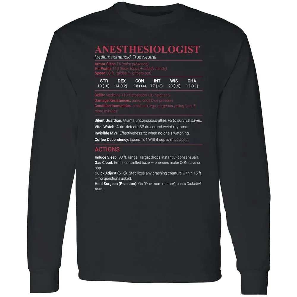 Anesthesiologist Stats Long Sleeve T-Shirt - Black - 1