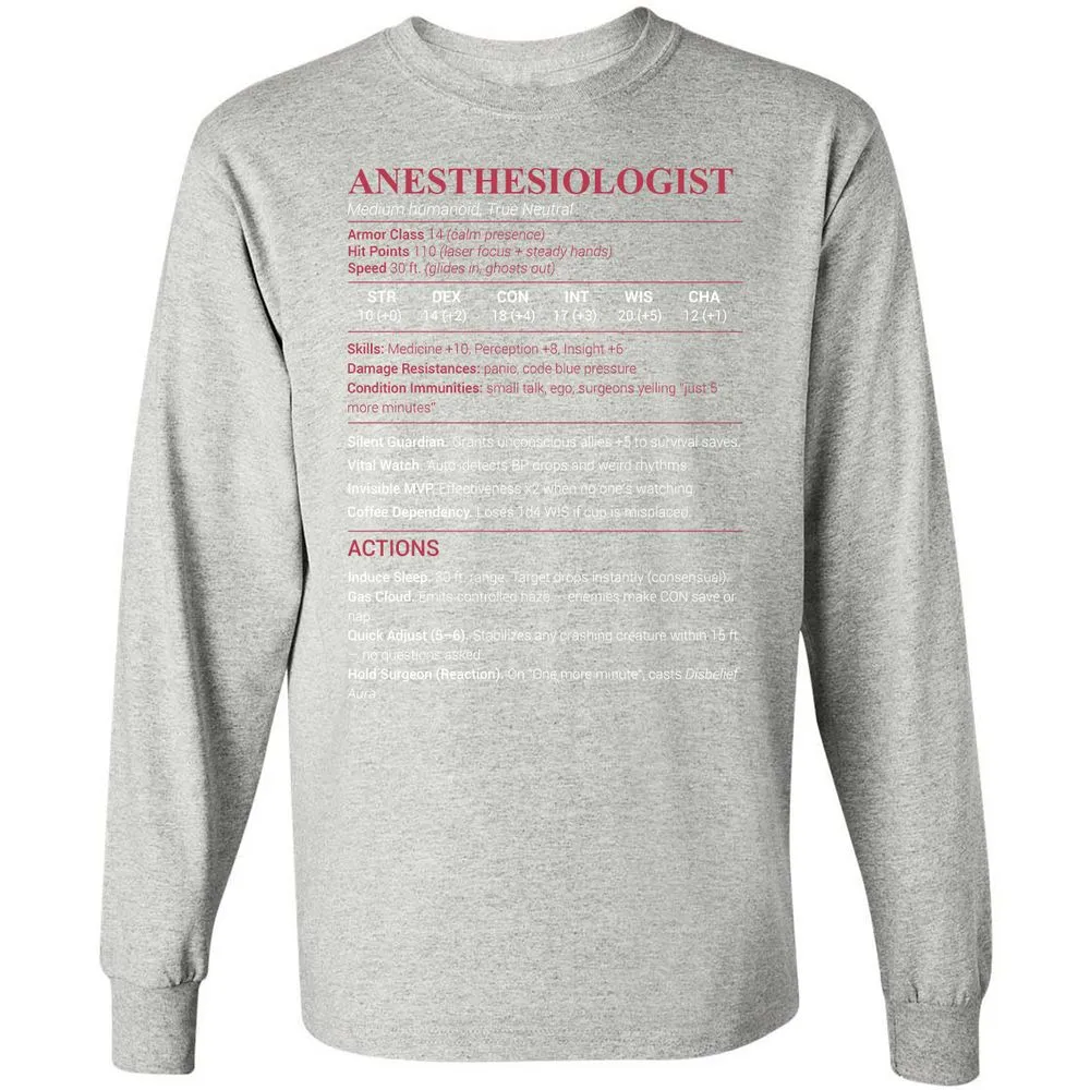 Anesthesiologist Stats Long Sleeve T-Shirt - Ash - 7