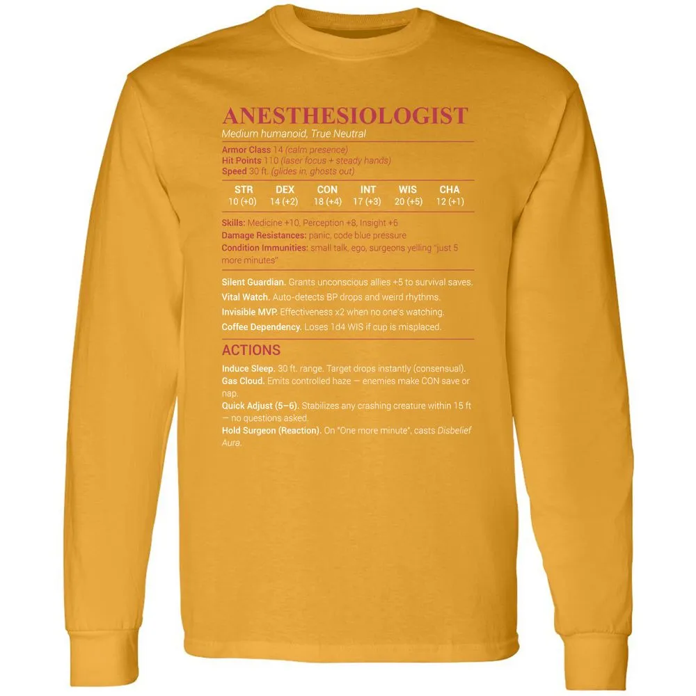 Anesthesiologist Stats Long Sleeve T-Shirt - Gold - 9