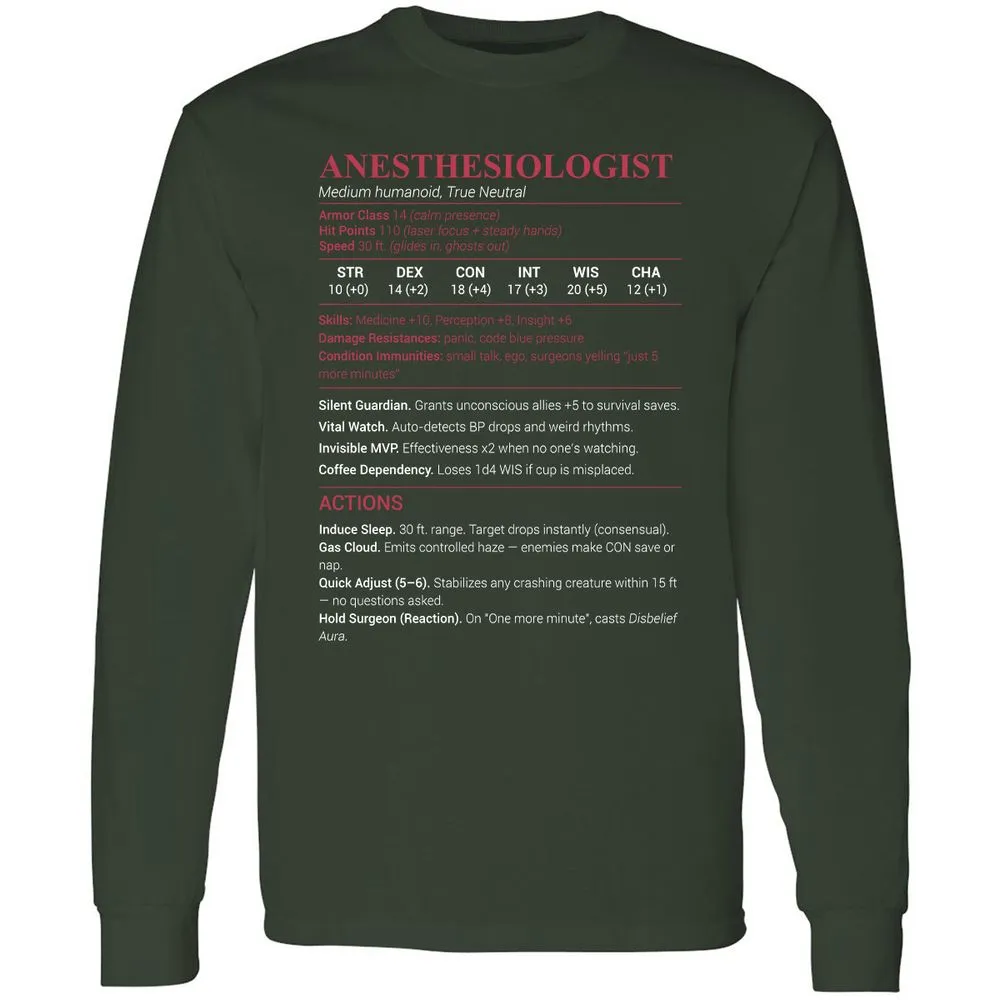 Anesthesiologist Stats Long Sleeve T-Shirt - Forest Green - 4