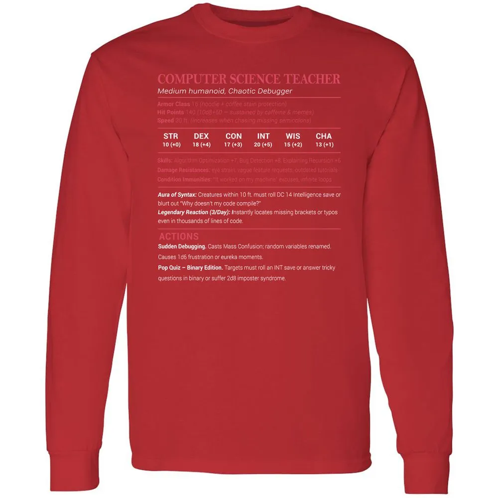 Computer Science Teacher Long Sleeve T-Shirt - Red - 14