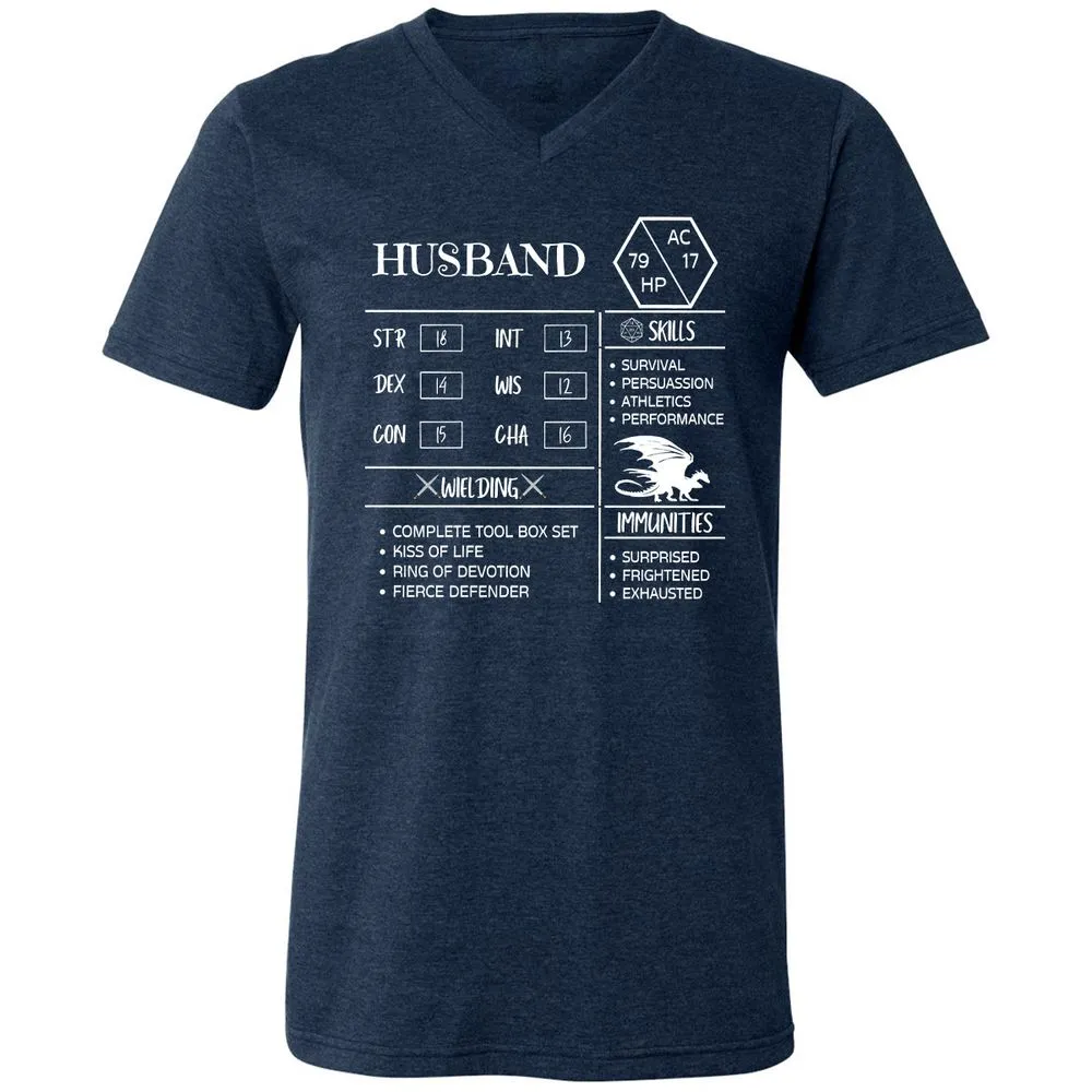 Husband Stats 2 Unisex V-Neck T-Shirt - Heather Navy - 15