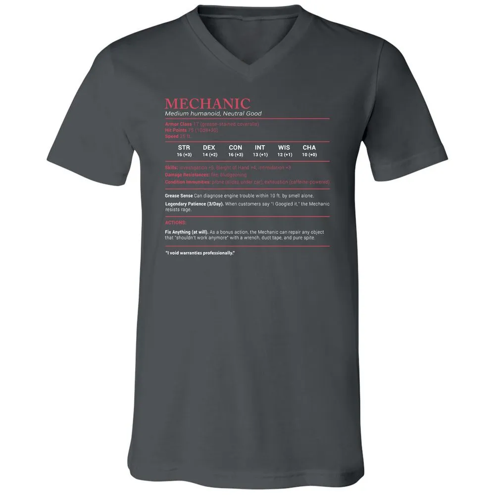 Mechanic Stats Unisex V-Neck T-Shirt - Asphalt - 12