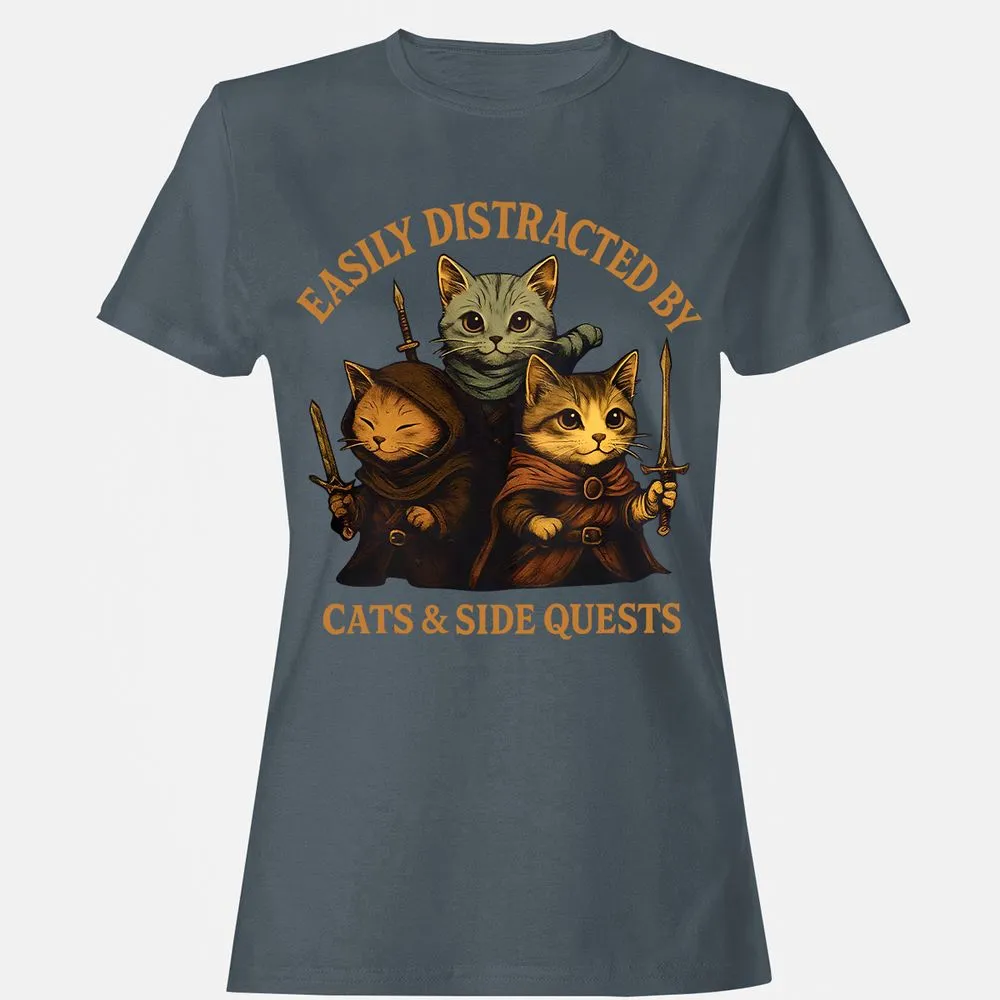 Easily Distracted By Cats & Side Quests Women's T-Shirt - Charcoal - 3