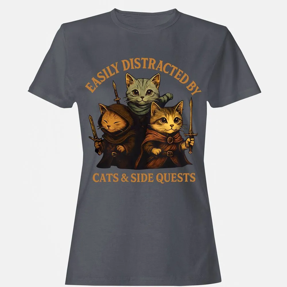 Easily Distracted By Cats & Side Quests Women's T-Shirt - Dark Heather - 5