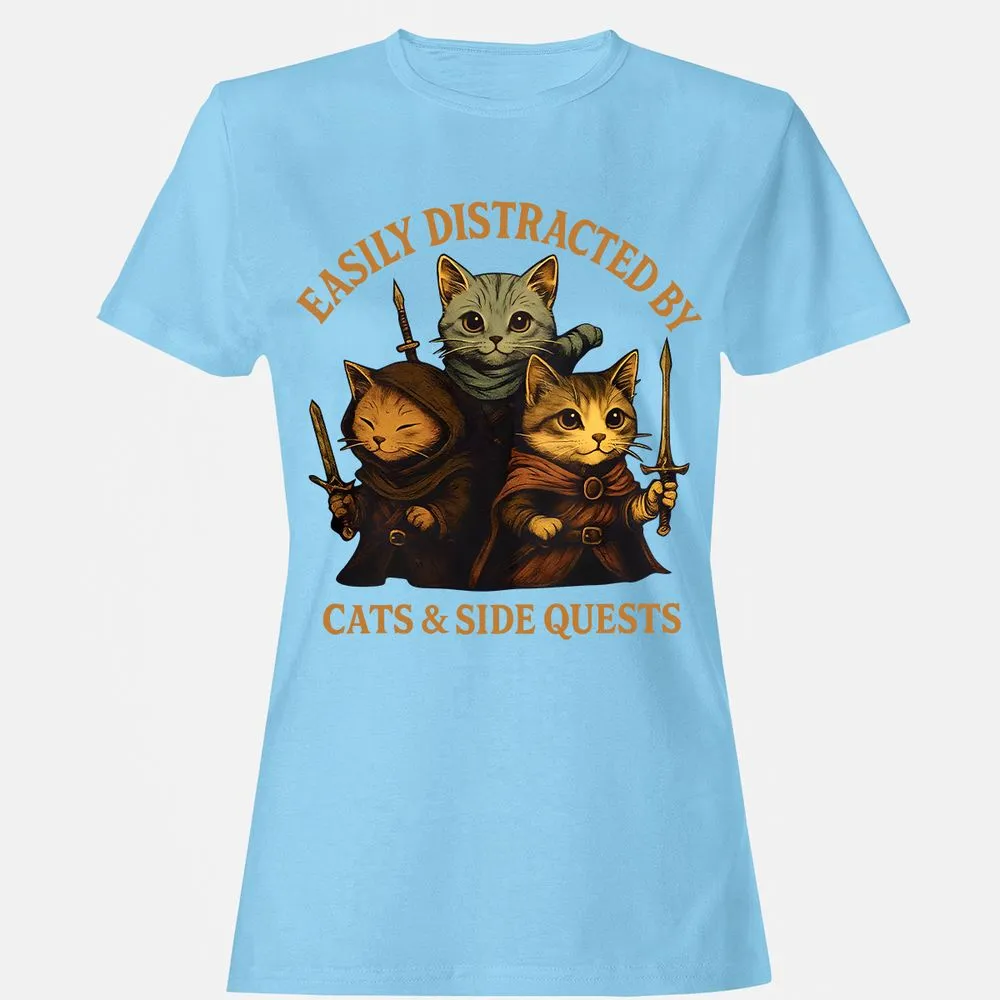Easily Distracted By Cats & Side Quests Women's T-Shirt - Light Blue - 8