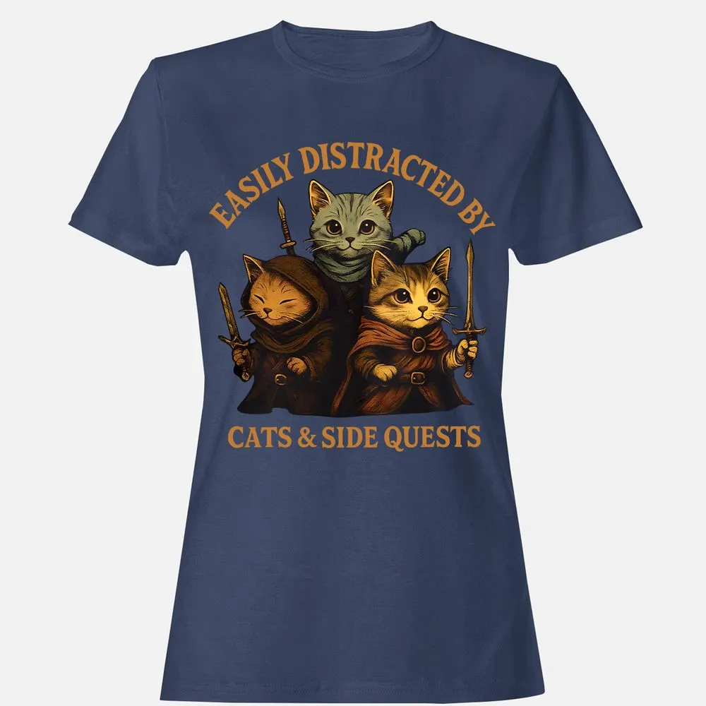 Easily Distracted By Cats & Side Quests Women's T-Shirt - Navy - 10