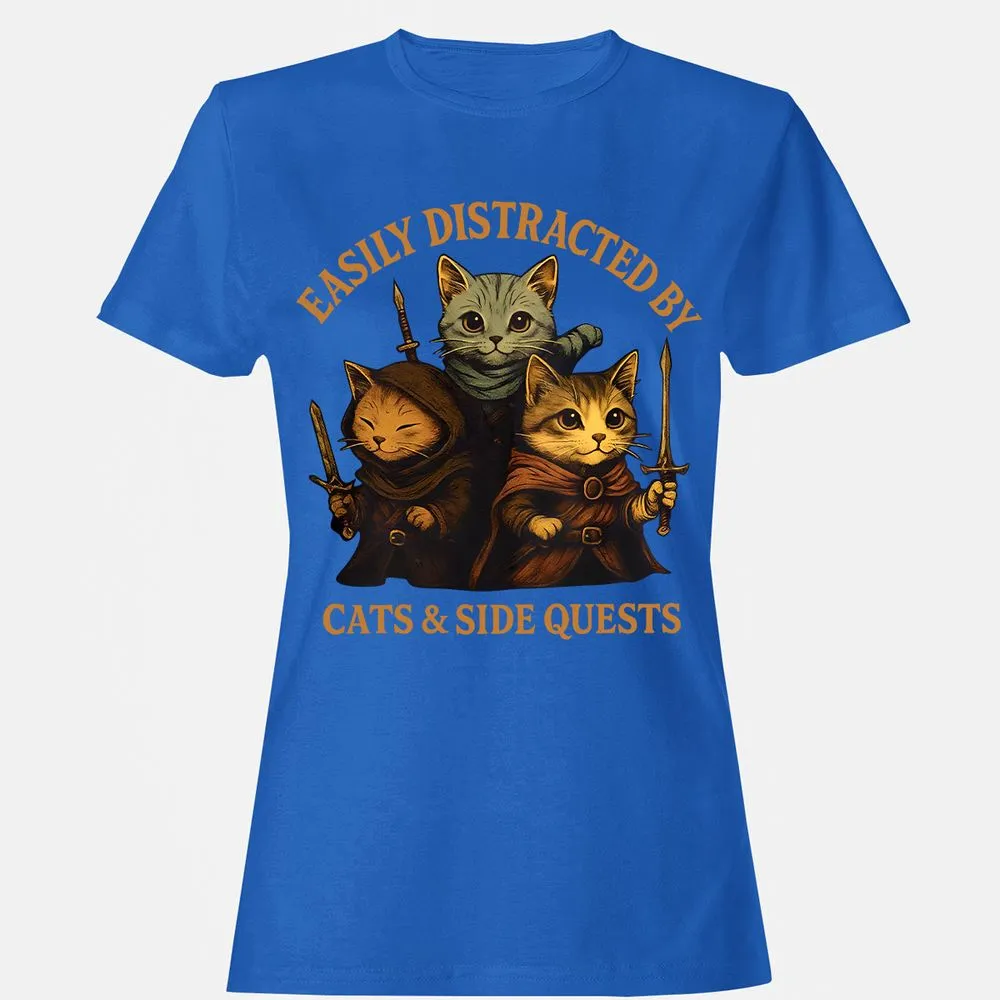 Easily Distracted By Cats & Side Quests Women's T-Shirt - Royal - 14