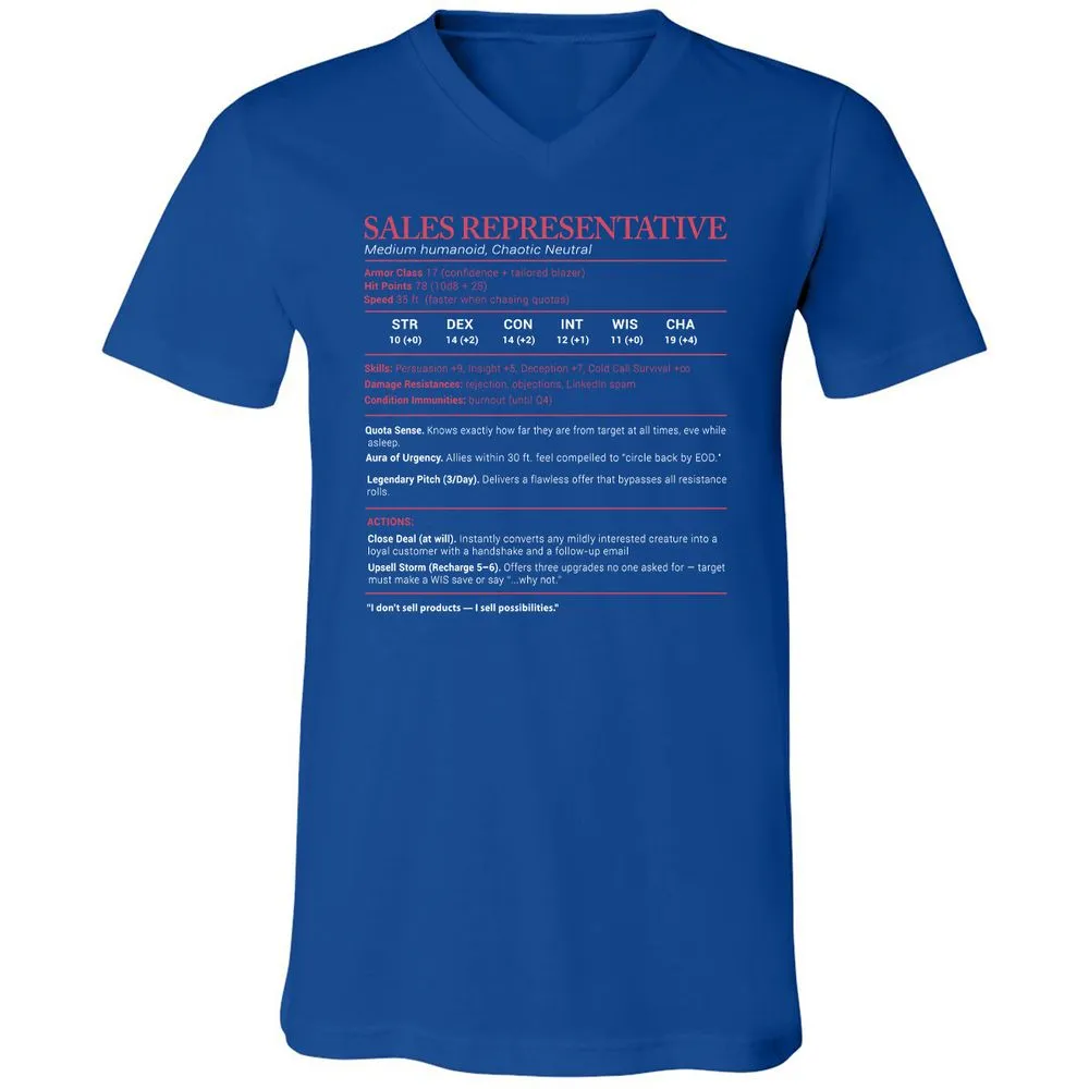 Sales Presentative Stats Unisex V-Neck T-Shirt - True Royal - 4