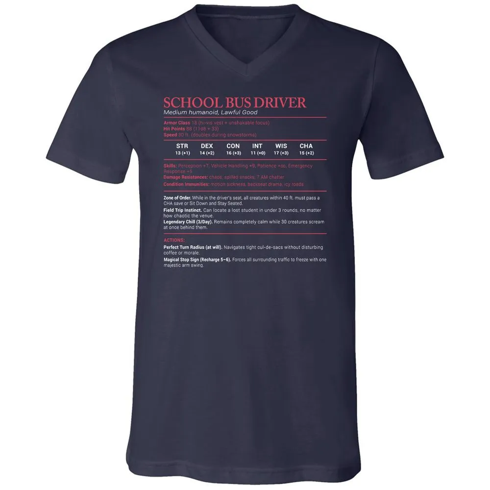 School Bus Driver Stats Unisex V-Neck T-Shirt - Navy - 2
