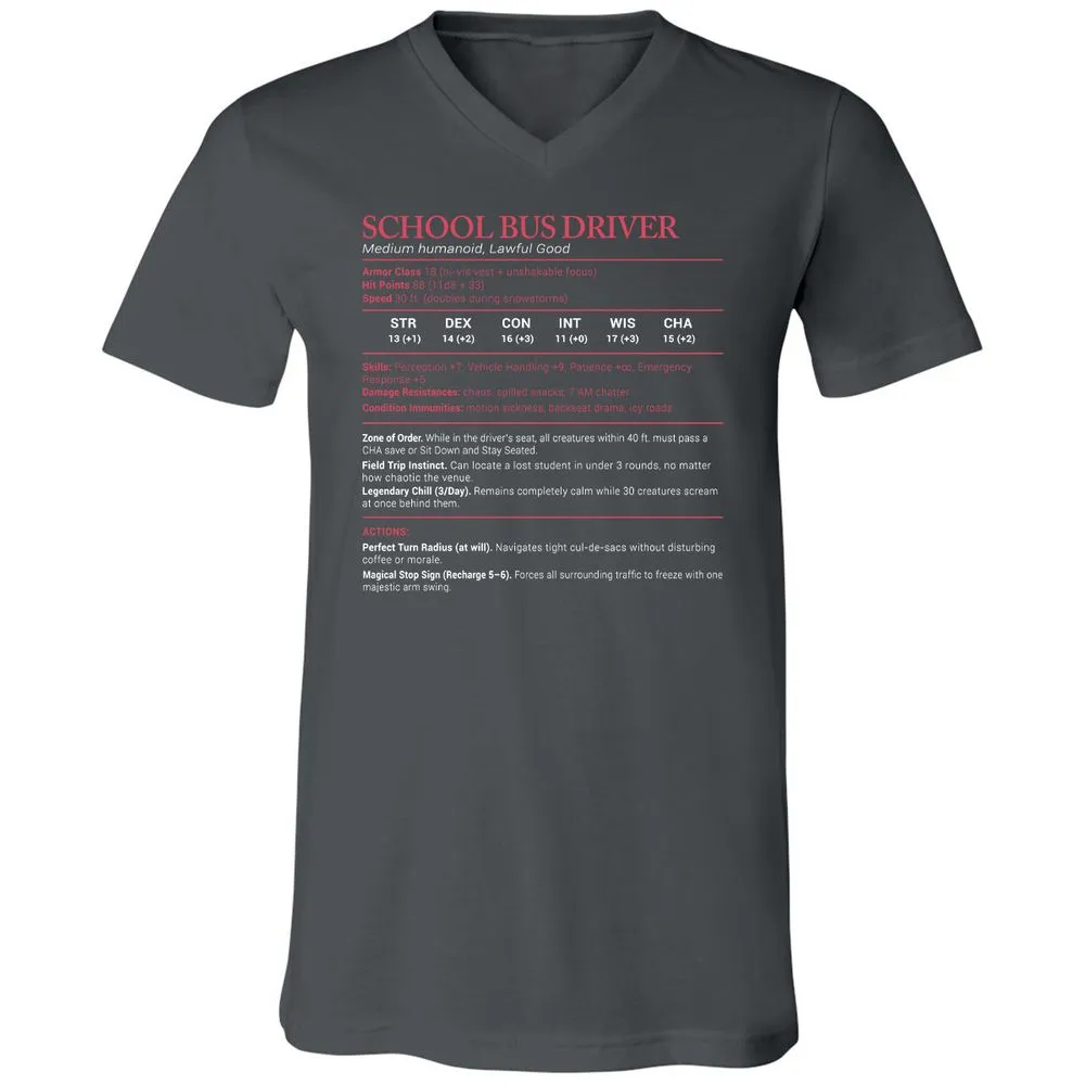 School Bus Driver Stats Unisex V-Neck T-Shirt - Asphalt - 12