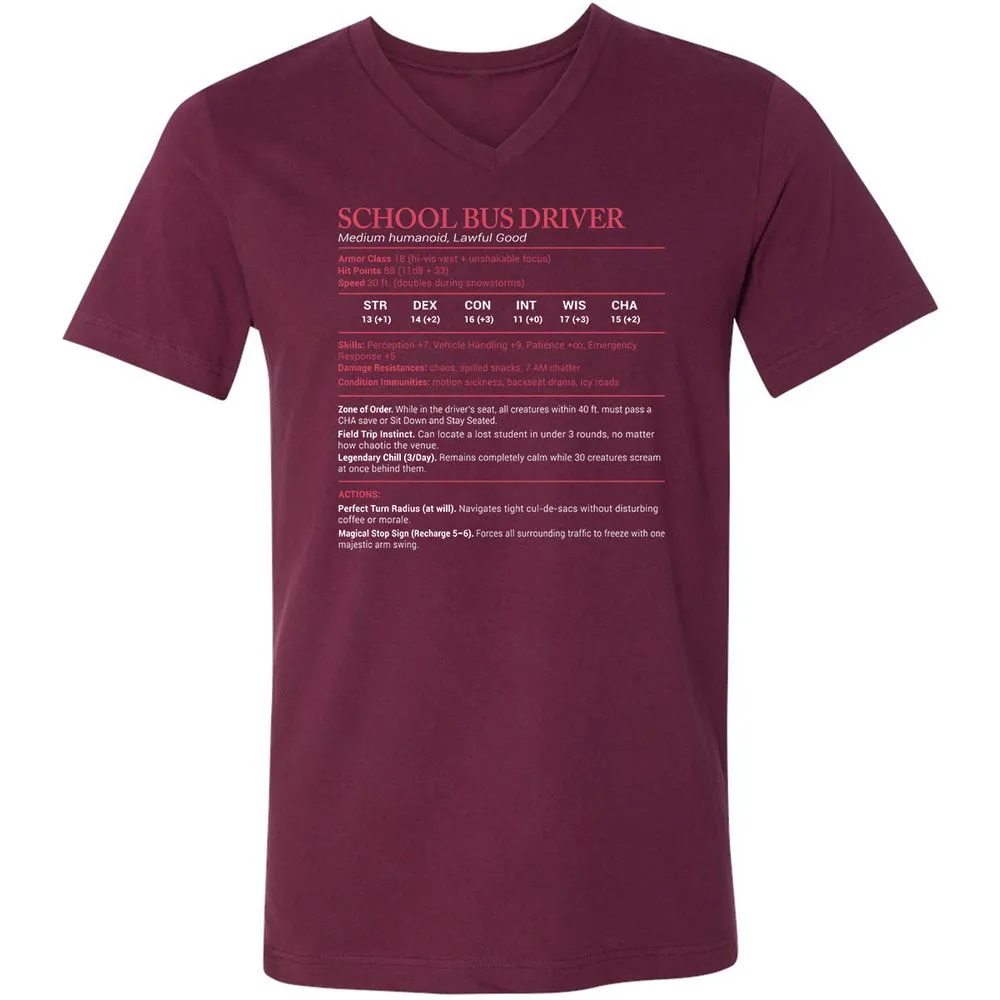 School Bus Driver Stats Unisex V-Neck T-Shirt - Maroon - 6
