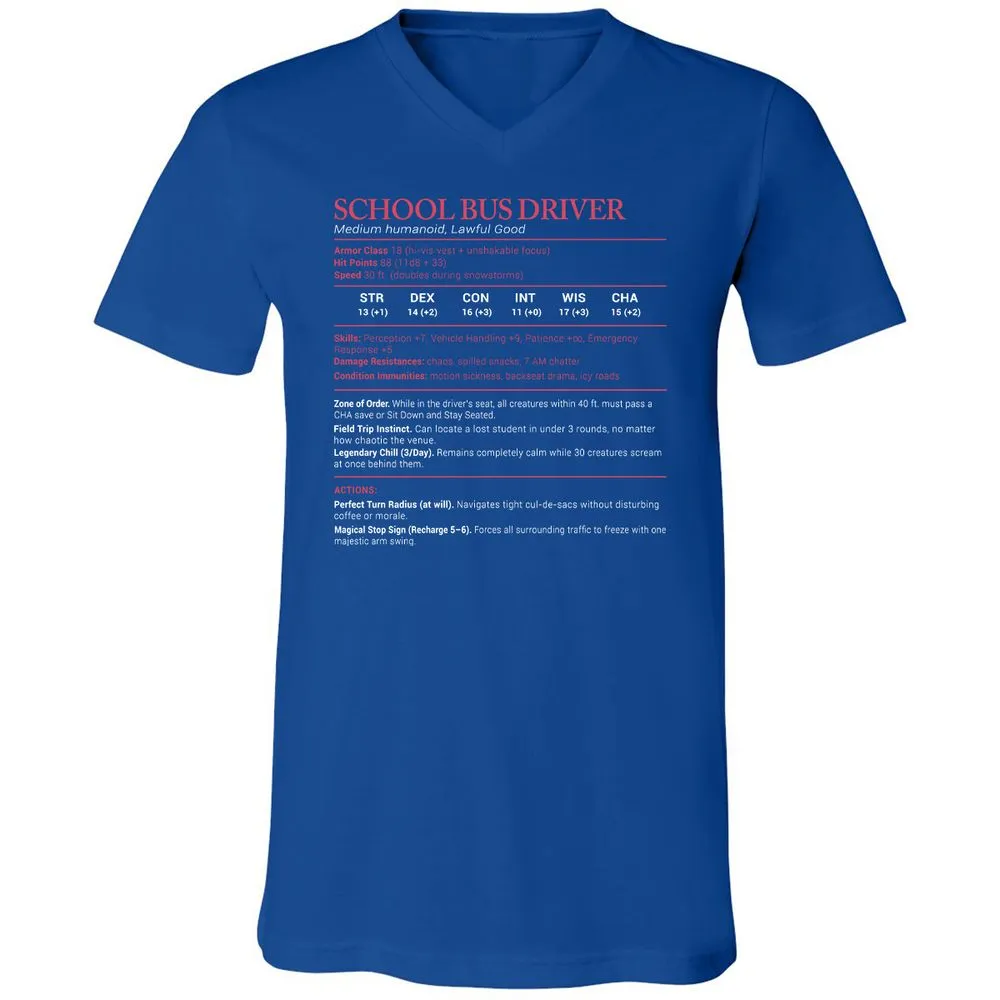 School Bus Driver Stats Unisex V-Neck T-Shirt - True Royal - 4
