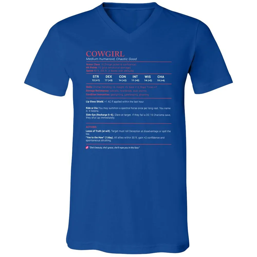 Cowgirl Stats Unisex V-Neck T-Shirt - True Royal - 4