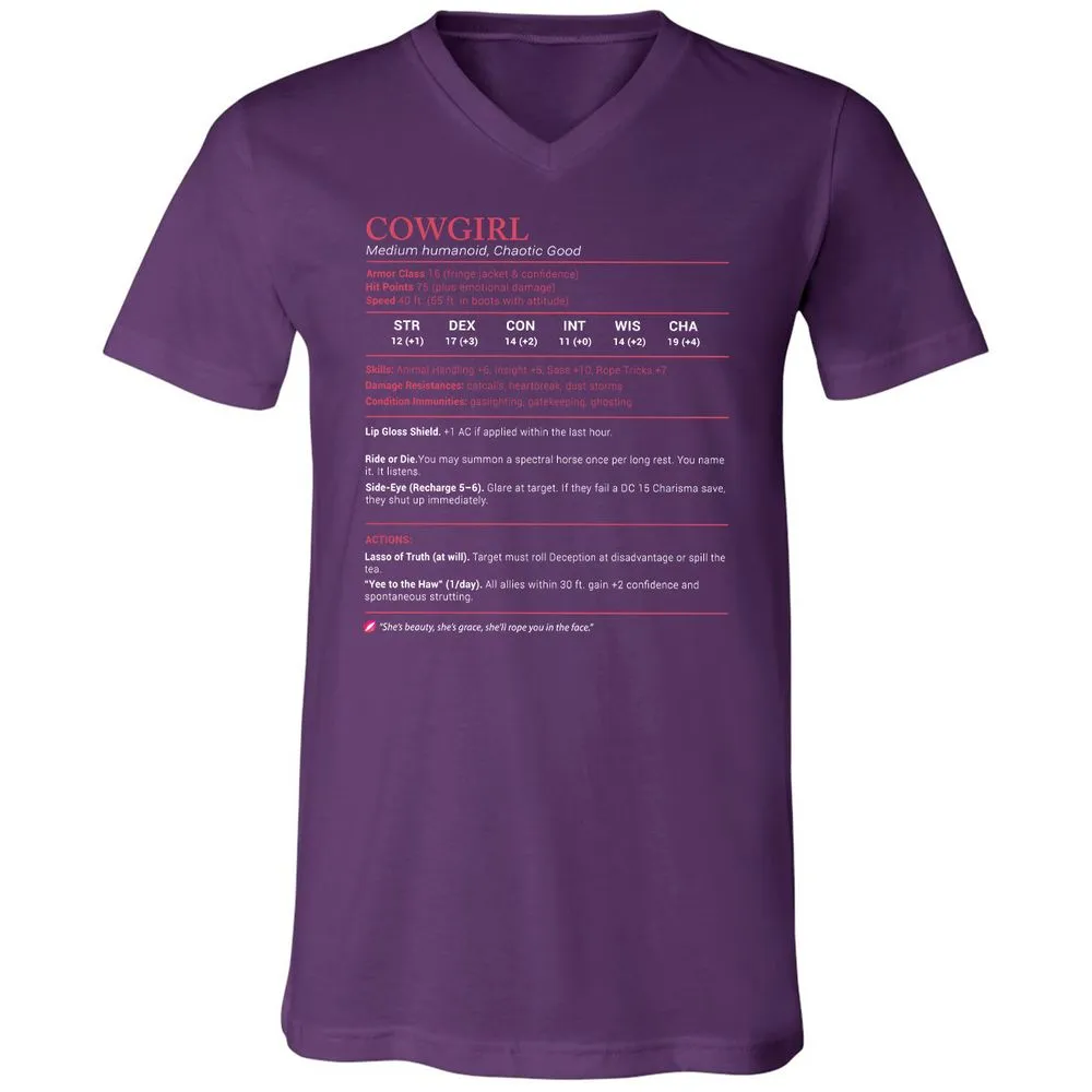 Cowgirl Stats Unisex V-Neck T-Shirt - Team Purple - 9