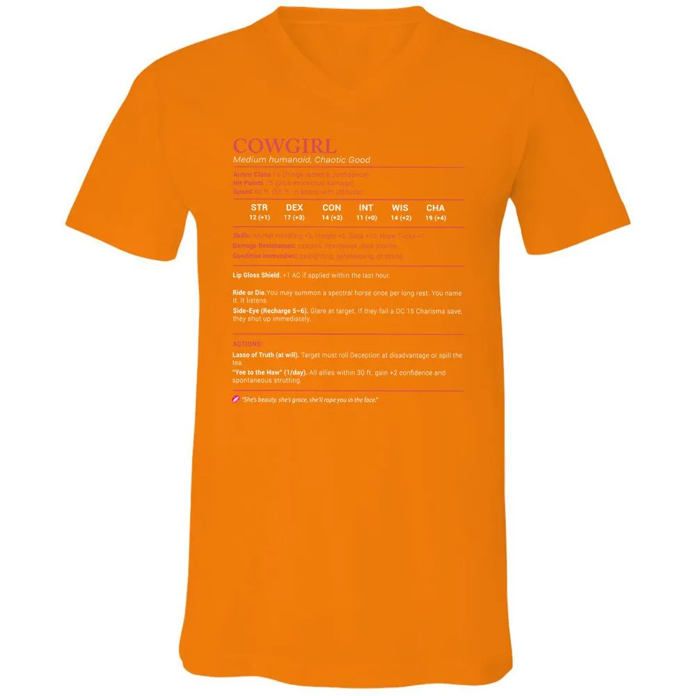 Cowgirl Stats Unisex V-Neck T-Shirt - Orange - 11
