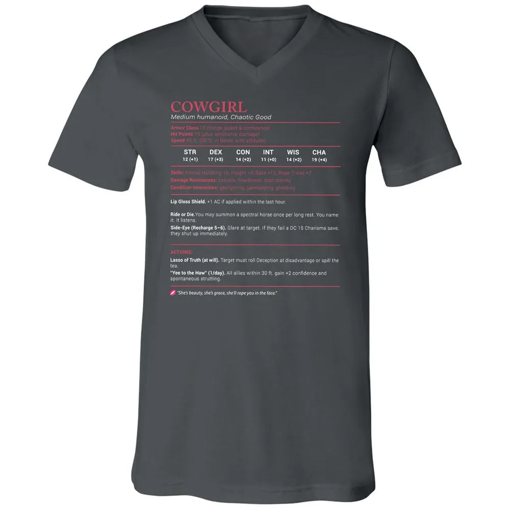 Cowgirl Stats Unisex V-Neck T-Shirt - Asphalt - 12