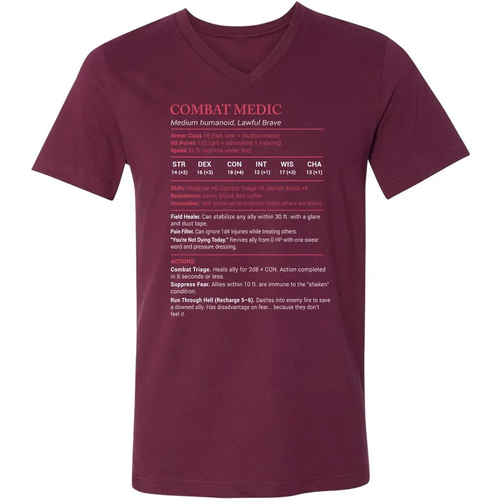 Combat Medic Stats Unisex V-Neck T-Shirt - Maroon - 6
