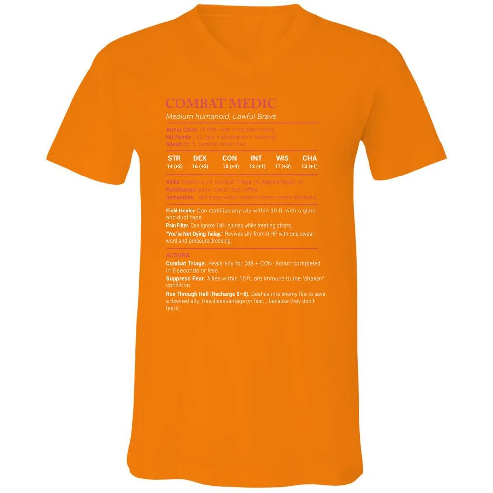 Combat Medic Stats Unisex V-Neck T-Shirt - Orange - 11