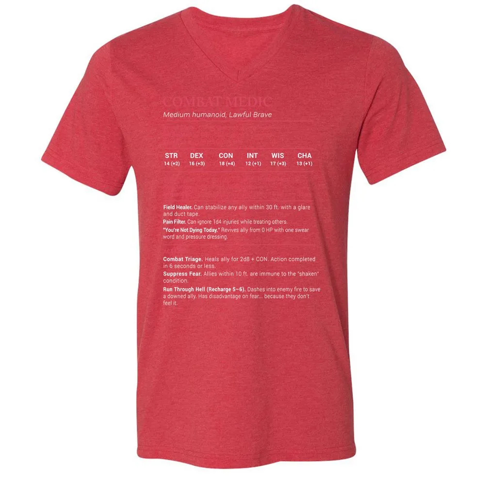 Combat Medic Stats Unisex V-Neck T-Shirt - Heather Red - 16
