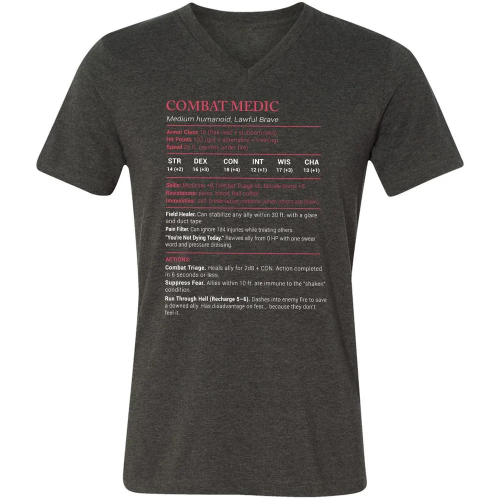 Combat Medic Stats Unisex V-Neck T-Shirt - Dark Grey Heather - 8