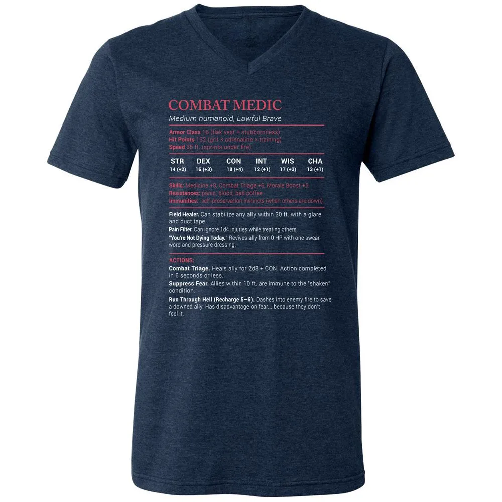 Combat Medic Stats Unisex V-Neck T-Shirt - Heather Navy - 15