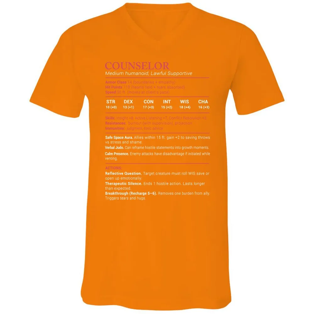 Counselor Stats Unisex V-Neck T-Shirt - Orange - 11
