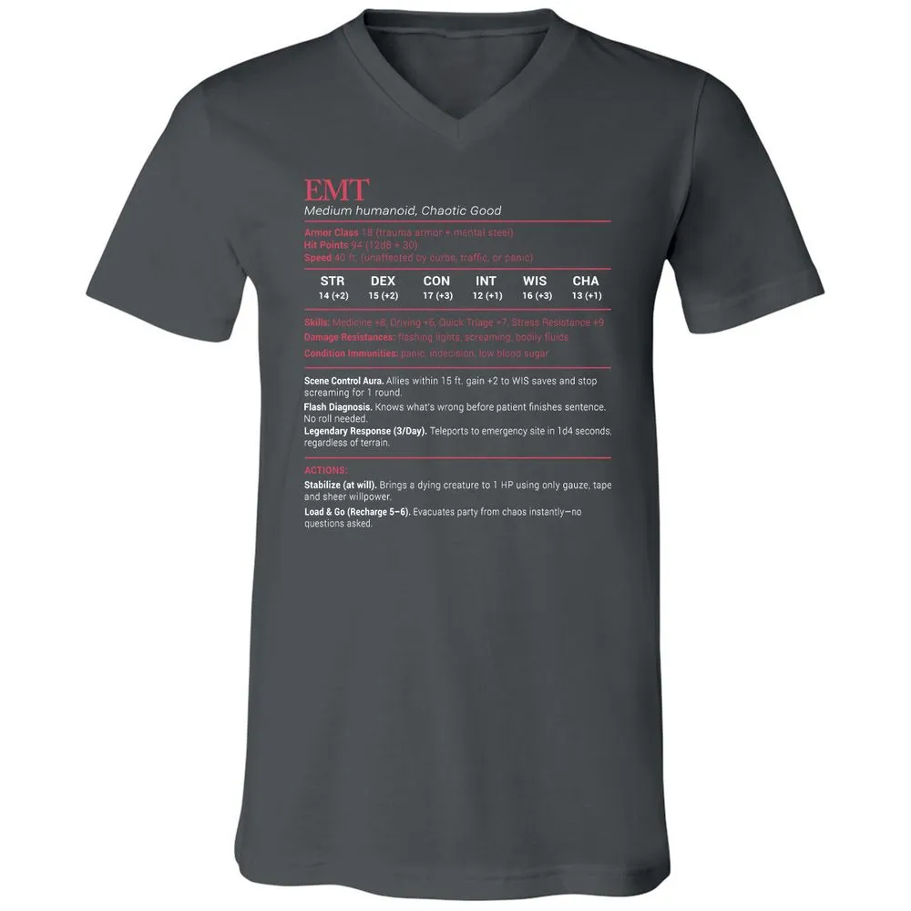 EMT Stats Unisex V-Neck T-Shirt - Asphalt - 12