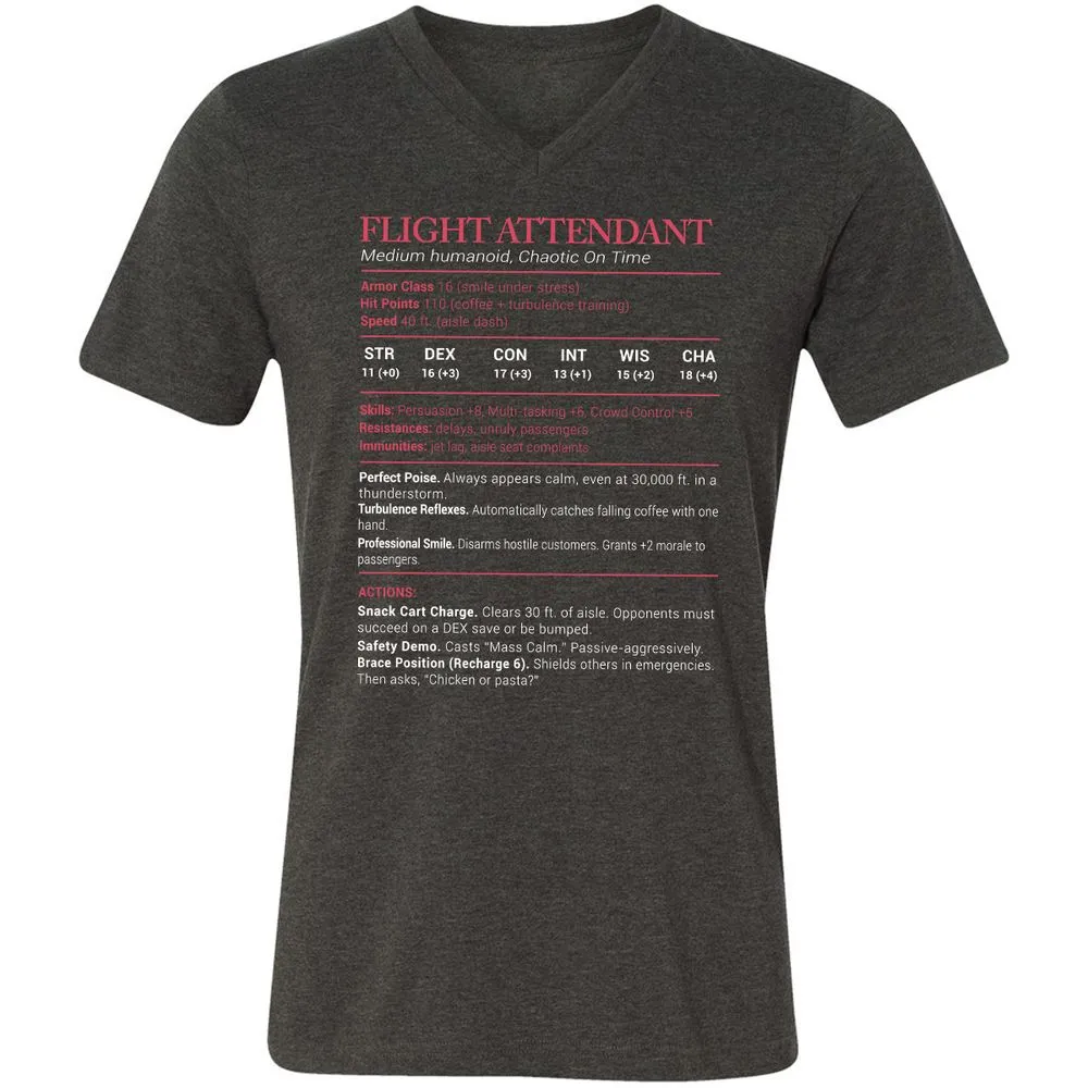Flight Attendant Stats Unisex V-Neck T-Shirt - Dark Grey Heather - 8