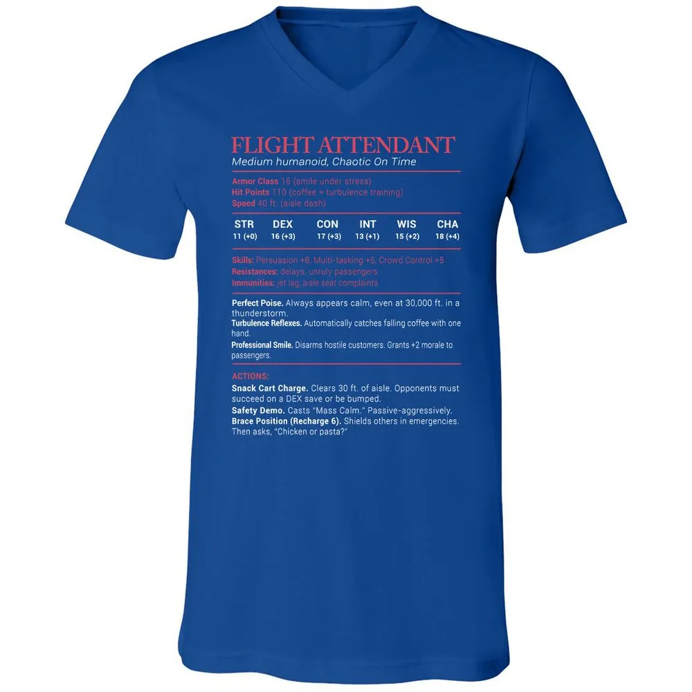 Flight Attendant Stats Unisex V-Neck T-Shirt - True Royal - 4