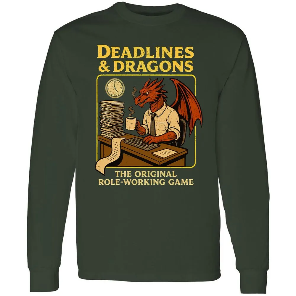 Deadlines & Dragons (Office Staff) Long Sleeve T-Shirt - Forest Green - 4