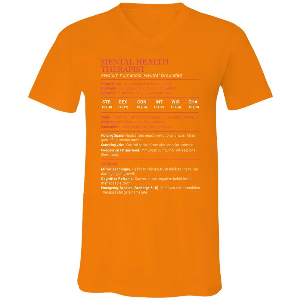 Mental Health Therapist Stats Unisex V-Neck T-Shirt - Orange - 11