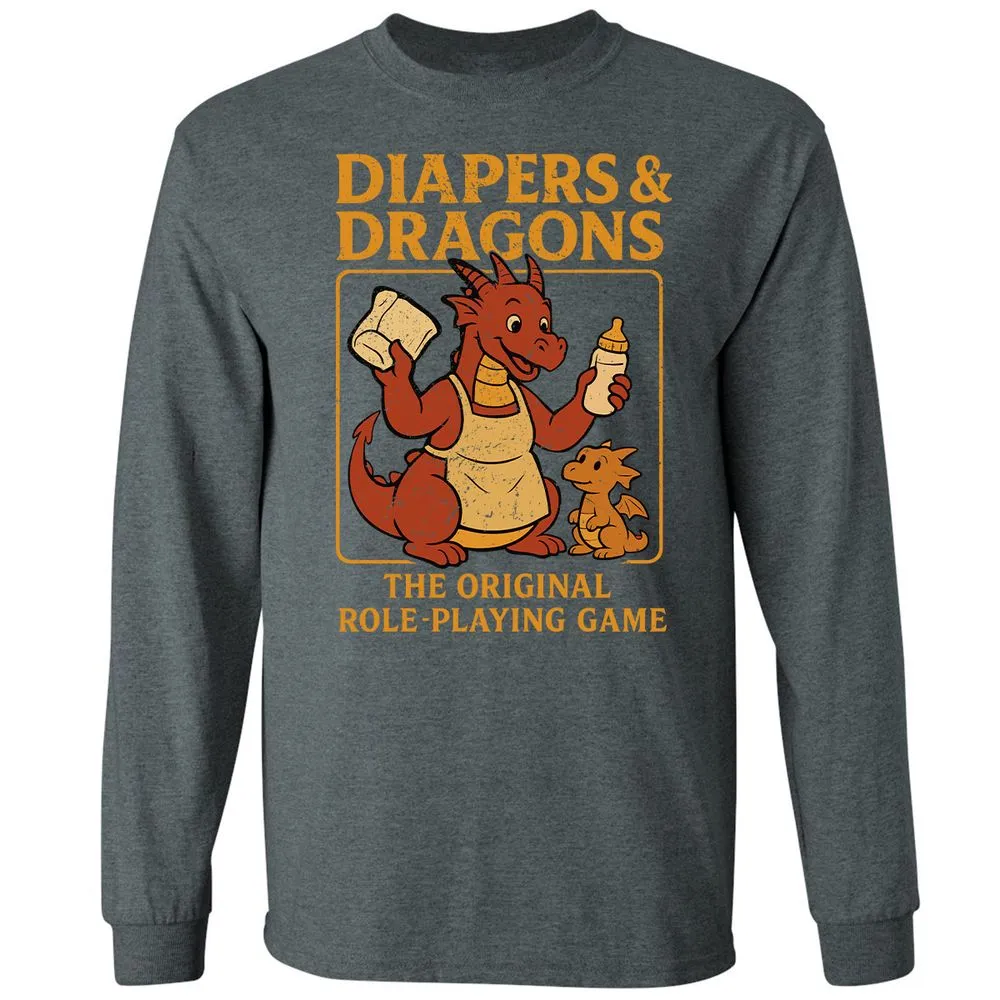 Diapers & Dragons Long Sleeve T-Shirt - Dark Heather - 15