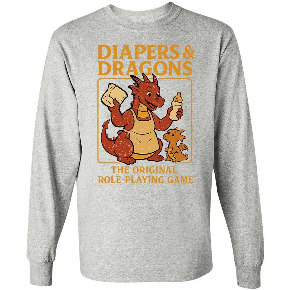 Diapers & Dragons Long Sleeve T-Shirt - Ash - 7