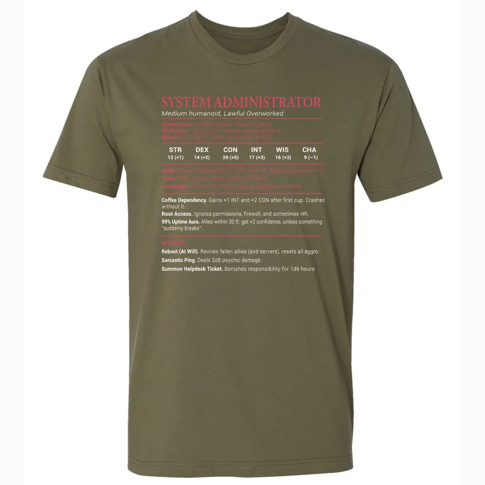 System Administrator Stats Premium Unisex T-Shirt - Military Green - 5