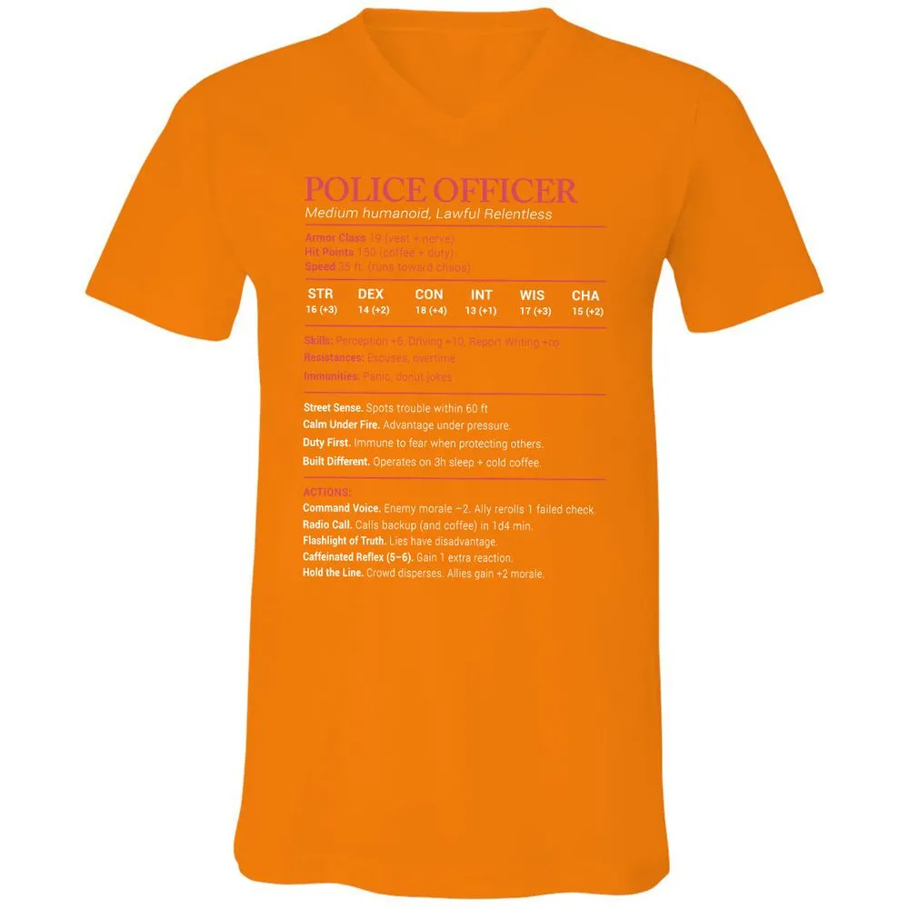 Police Officer Stats Unisex V-Neck T-Shirt - Orange - 11
