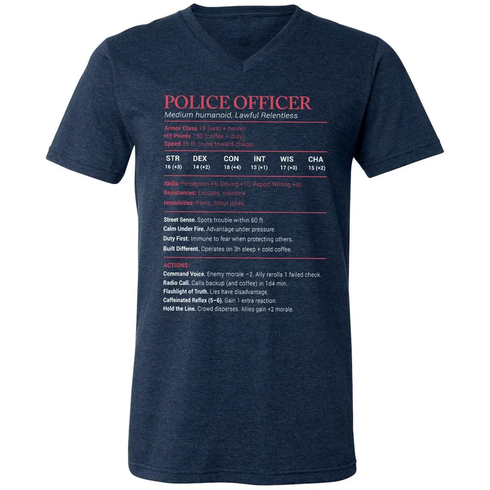Police Officer Stats Unisex V-Neck T-Shirt - Heather Navy - 15